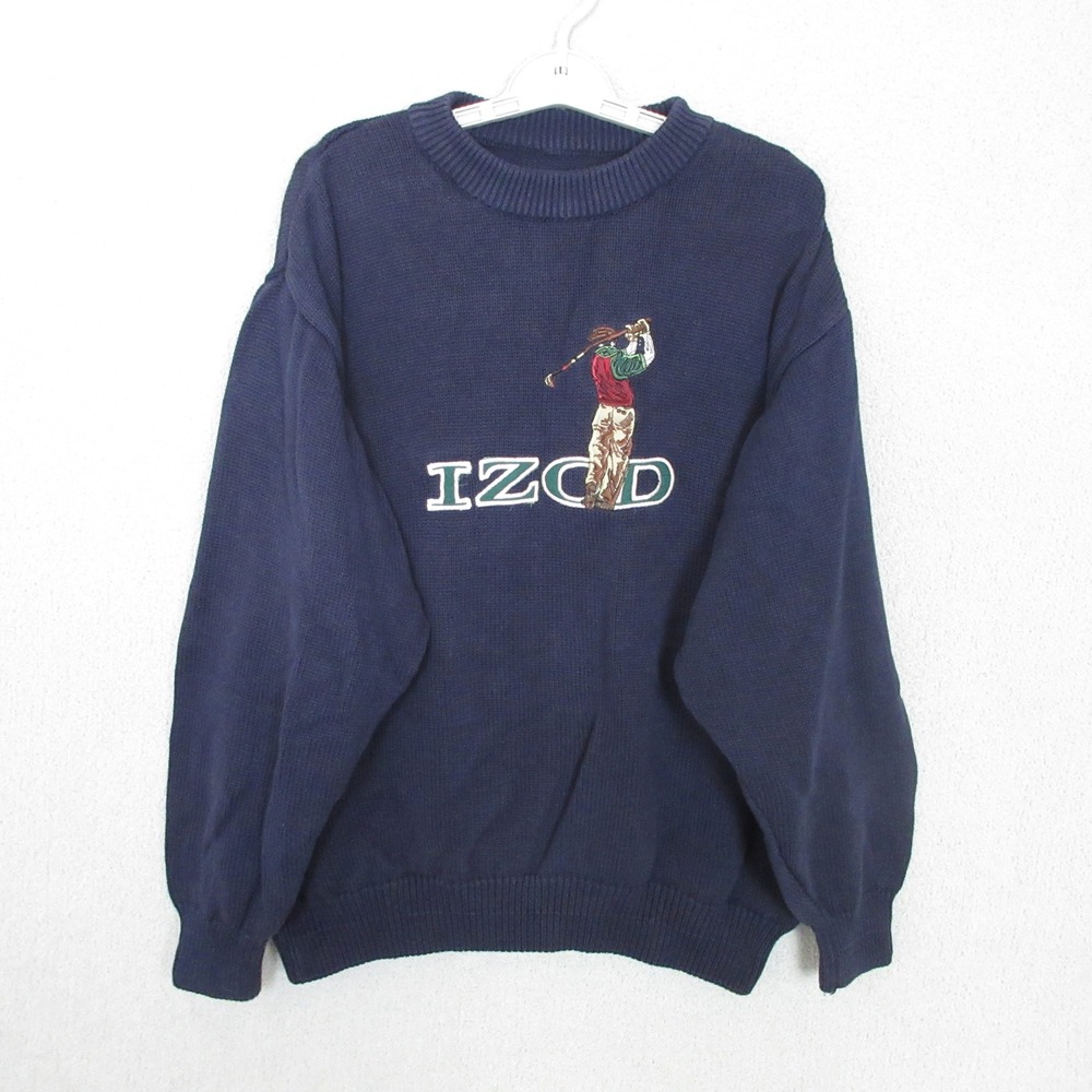 VTG IZOD Sweater Mens XL Navy Cotton Golf Embroidered Spell Crewneck Pullover